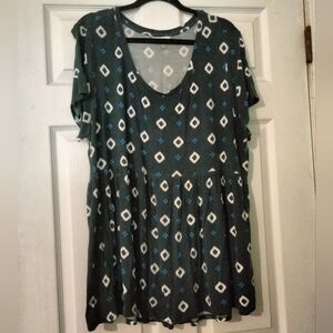 Terra & Sky, Babydoll Top, 2X, Navy, White & Royal Print